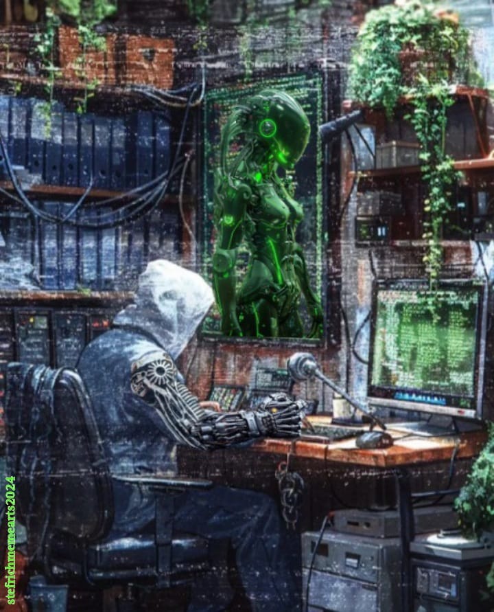 This meme is a humorous image of a person sitting at a computer, surrounded by screens and wires, with a robotic arm on their desk. The text "I can see my code has been modified" appears on one of the screens. The image is likely meant to be ironic or humorous, implying that the person is aware of a change to their code, but is not actually able to see anything.